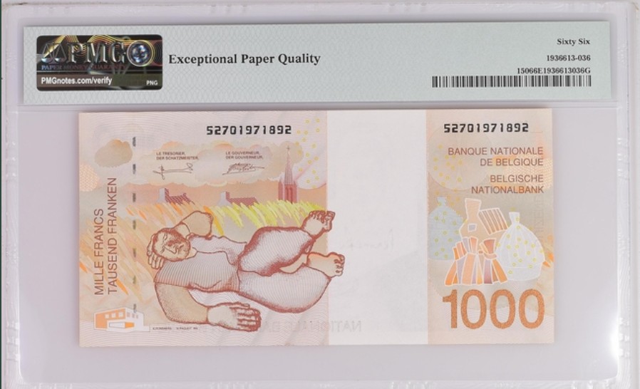收藏联盟Quantum Auction 第237期拍卖 比利时1997年1000法郎 PMG66