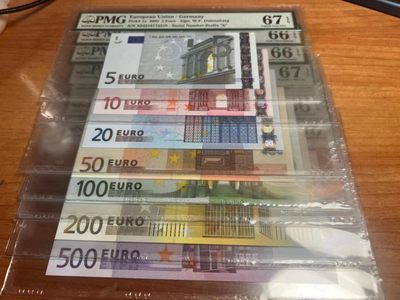 【Blue Auction】✨世界纸币精拍第297期【精】 - 【一组7张全套均德国版首签】欧盟 2002年5-500欧元 PMG66EPQ-67EPQ