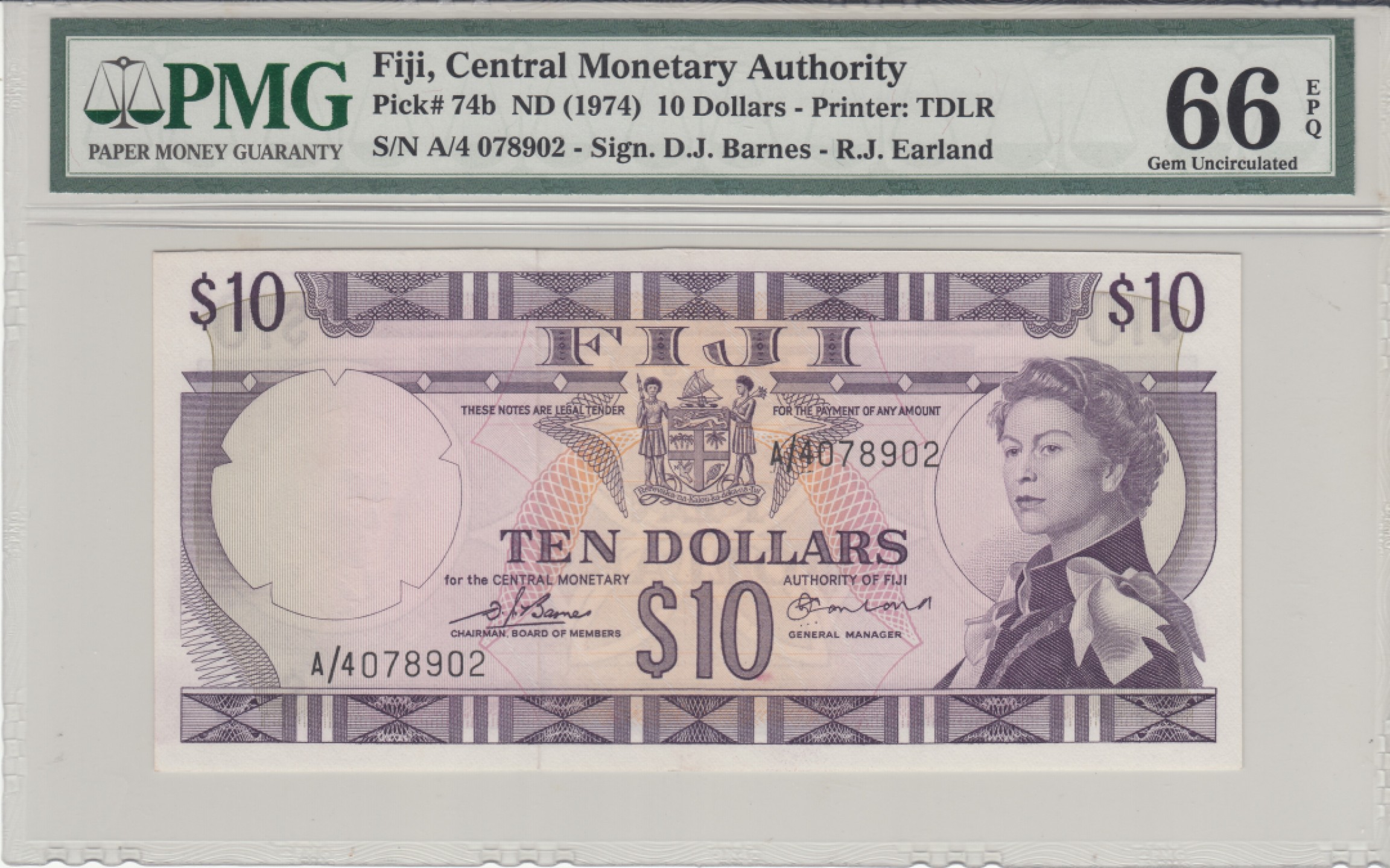 收藏联盟Quantum Auction 第237期拍卖 斐济群岛1974年10元 PMG66 稀少高面值
