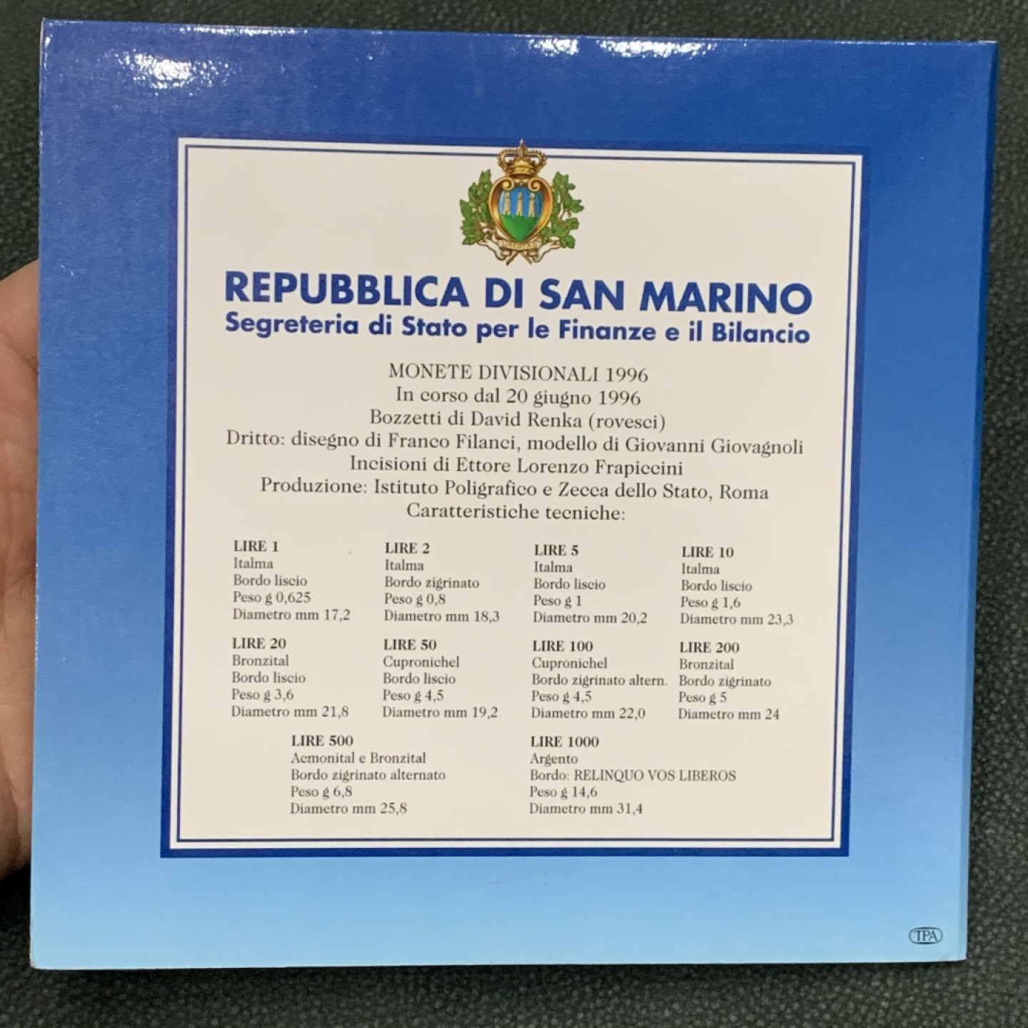 《竞宝斋》第140场-周日，周一，周四 3拍 (全场包邮) 圣马力诺 1996年 十枚套 不同面值 最大枚是银币1000里拉 原厂封装 非常漂亮
