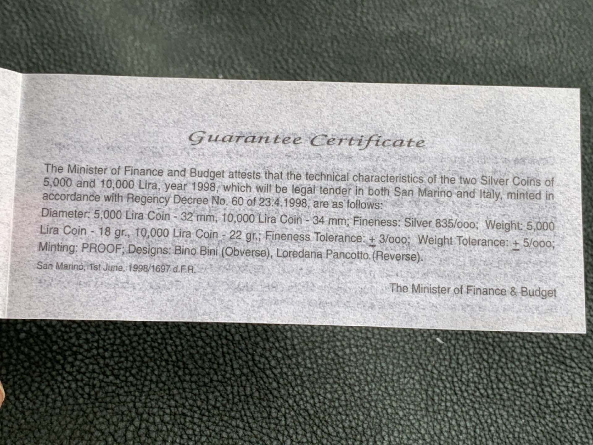 《竞宝斋》第140场-周日，周一，周四 3拍 (全场包邮) 圣马力诺1998年 千禧年系列 5000/10000里拉 精制银币 原盒证书