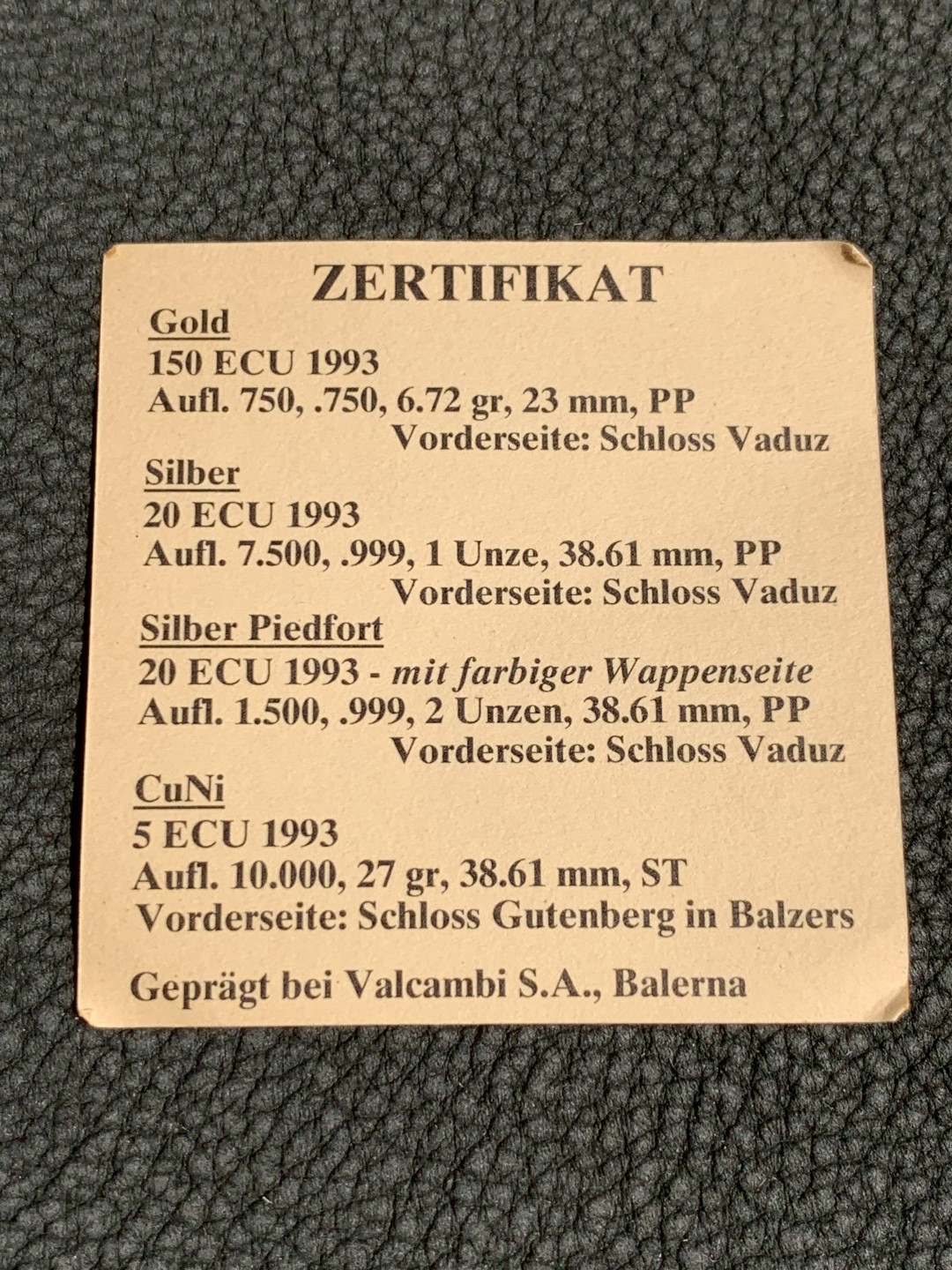 《竞宝斋》第140场-周日，周一，周四 3拍 (全场包邮) 列支敦士登 1993年 20ECU精制大银币 木盒证书