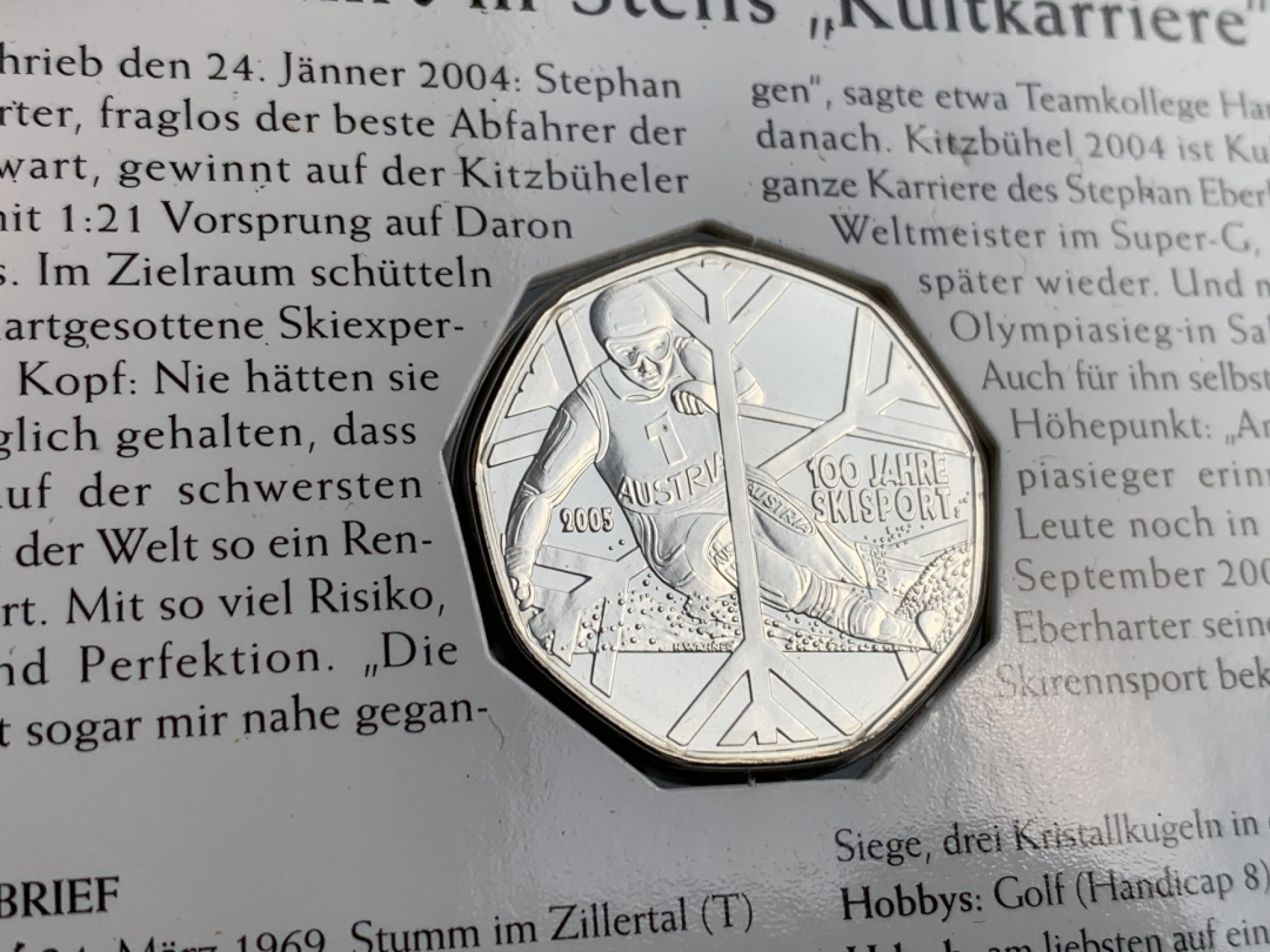 《竞宝斋》第140场-周日，周一，周四 3拍 (全场包邮) 奥地利 2005年 滑雪5欧元 九角型银币