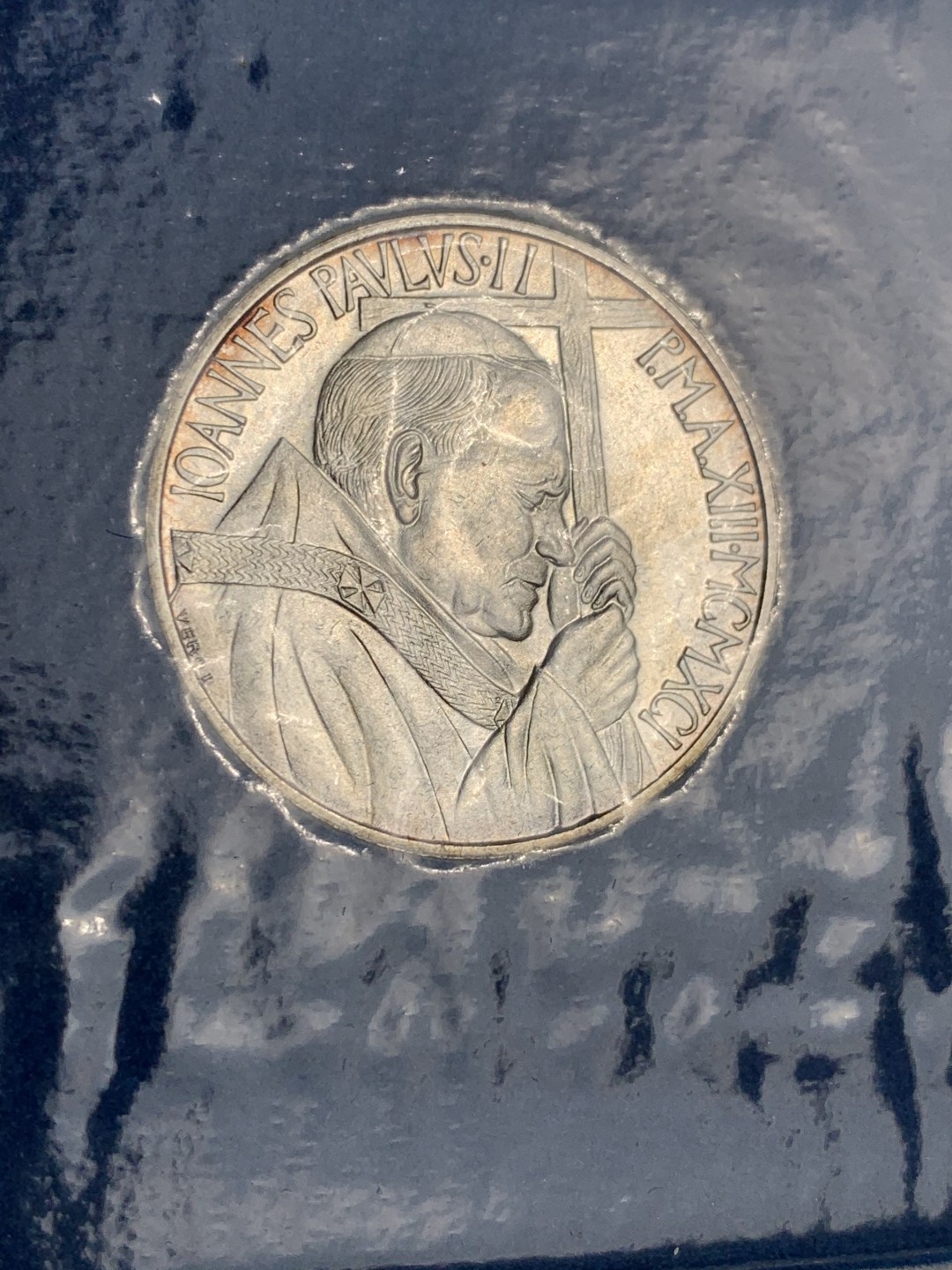 《竞宝斋》第140场-周日，周一，周四 3拍 (全场包邮) 梵蒂冈 1991年约翰保罗二世 500里拉银币 蓝本原装 少见