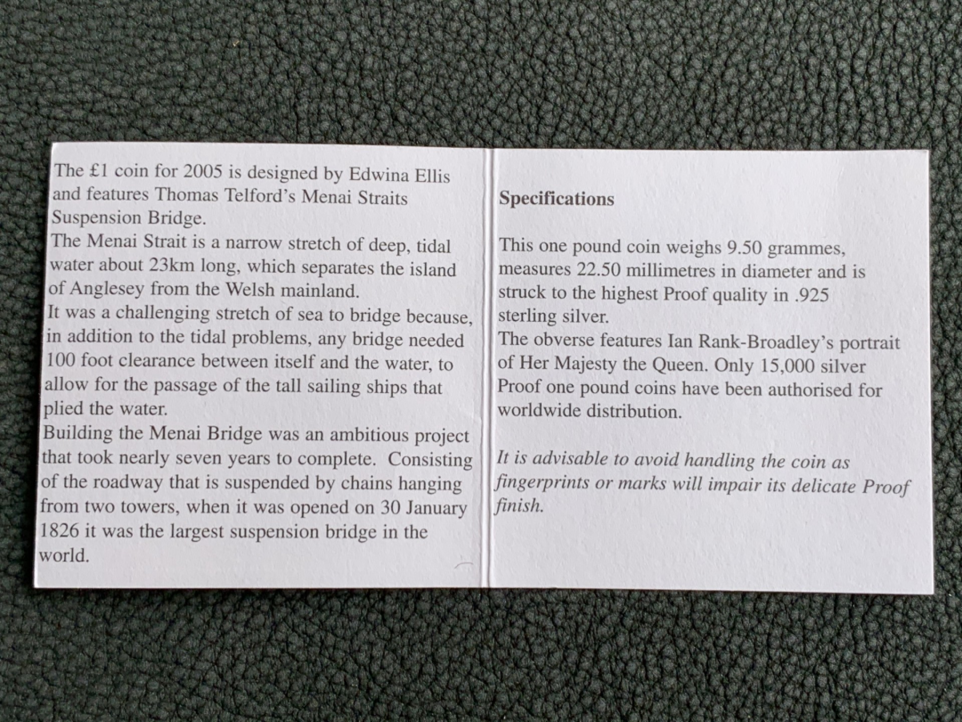 《竞宝斋》第140场-周日，周一，周四 3拍 (全场包邮) 英国2005年 梅奈桥1镑 精制银币PROOF 原盒证书