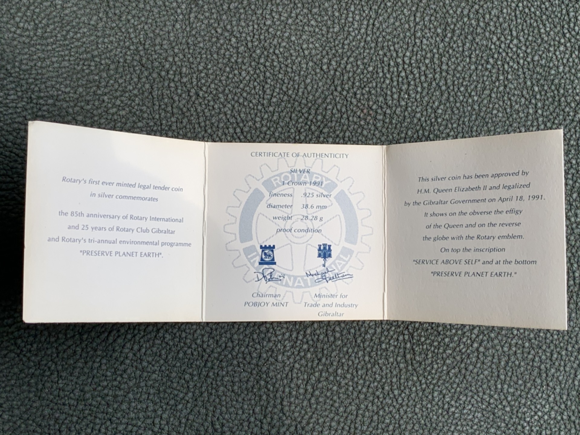 《竞宝斋》第140场-周日，周一，周四 3拍 (全场包邮) 直布罗陀1991年 1克朗地球图案 大银币 木盒证书