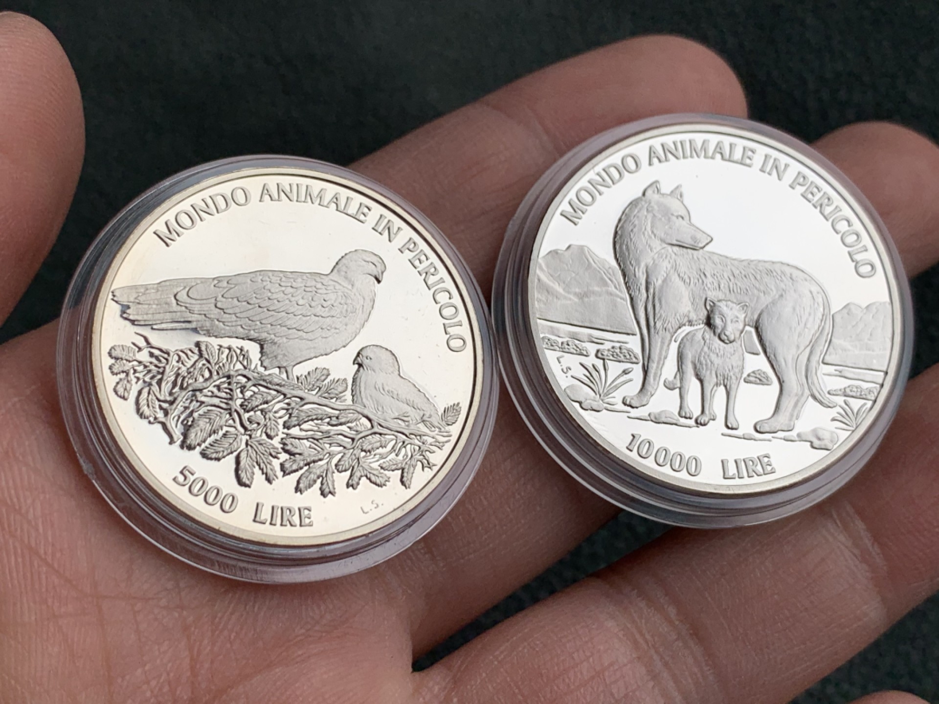 《竞宝斋》第140场-周日，周一，周四 3拍 (全场包邮) 圣马力诺1996年 动物系列5000/10000里拉 精制银币 原盒证书 非常漂亮