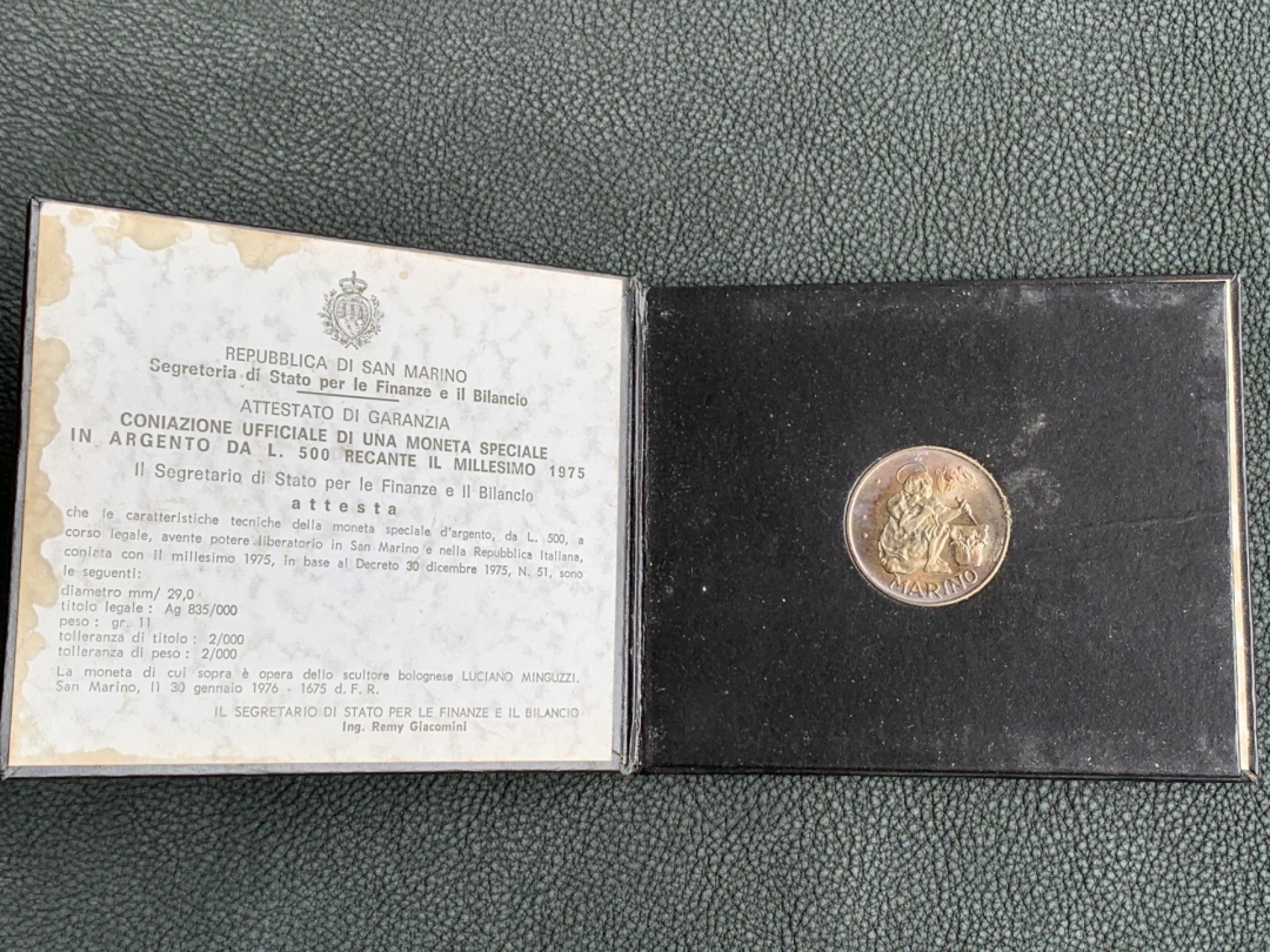 《竞宝斋》第140场-周日，周一，周四 3拍 (全场包邮) 圣马力诺 1975年 手工制币 500里拉银币 五彩包浆