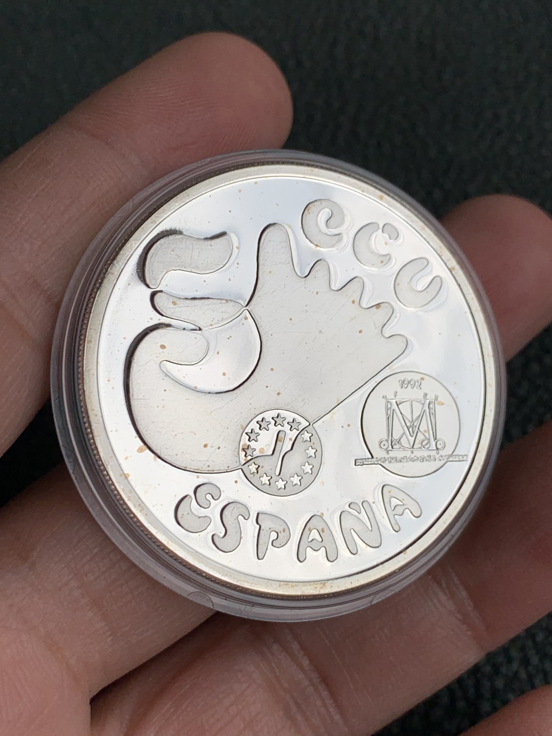 《竞宝斋》第140场-周日，周一，周四 3拍 (全场包邮) 西班牙1992年 5ECU 精制大银币 33.6克 原盒证书