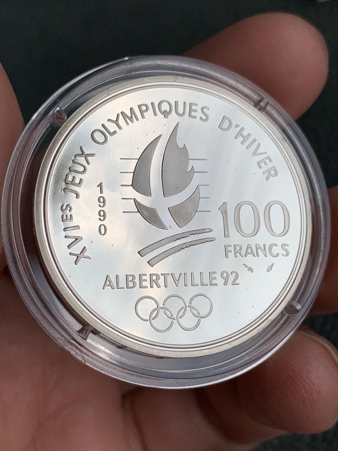 《竞宝斋》第140场-周日，周一，周四 3拍 (全场包邮) 法国 1990年 冬奥100法郎 精制大银币  原盒证书