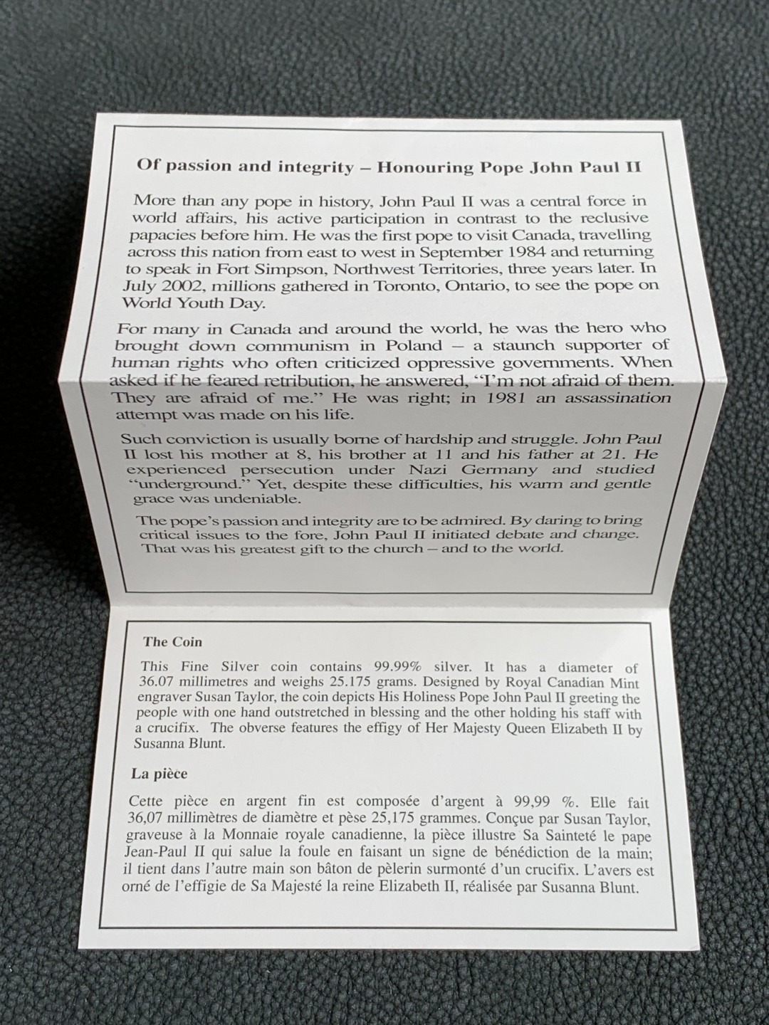 《竞宝斋》第140场-周日，周一，周四 3拍 (全场包邮) 加拿大 2005年 教皇访问 10美元精制大银币 25.175克 纯银