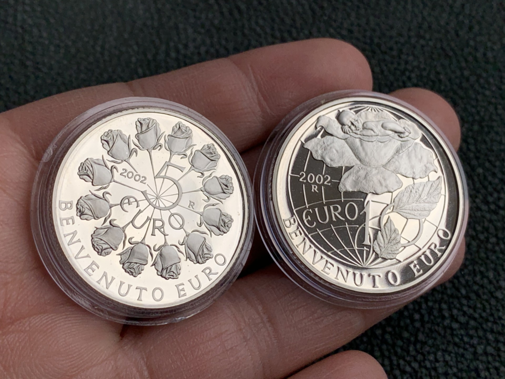 《竞宝斋》第140场-周日，周一，周四 3拍 (全场包邮) 圣马力诺2002年 第一套欧元纪念 5/10欧元 精制银币 原盒证书