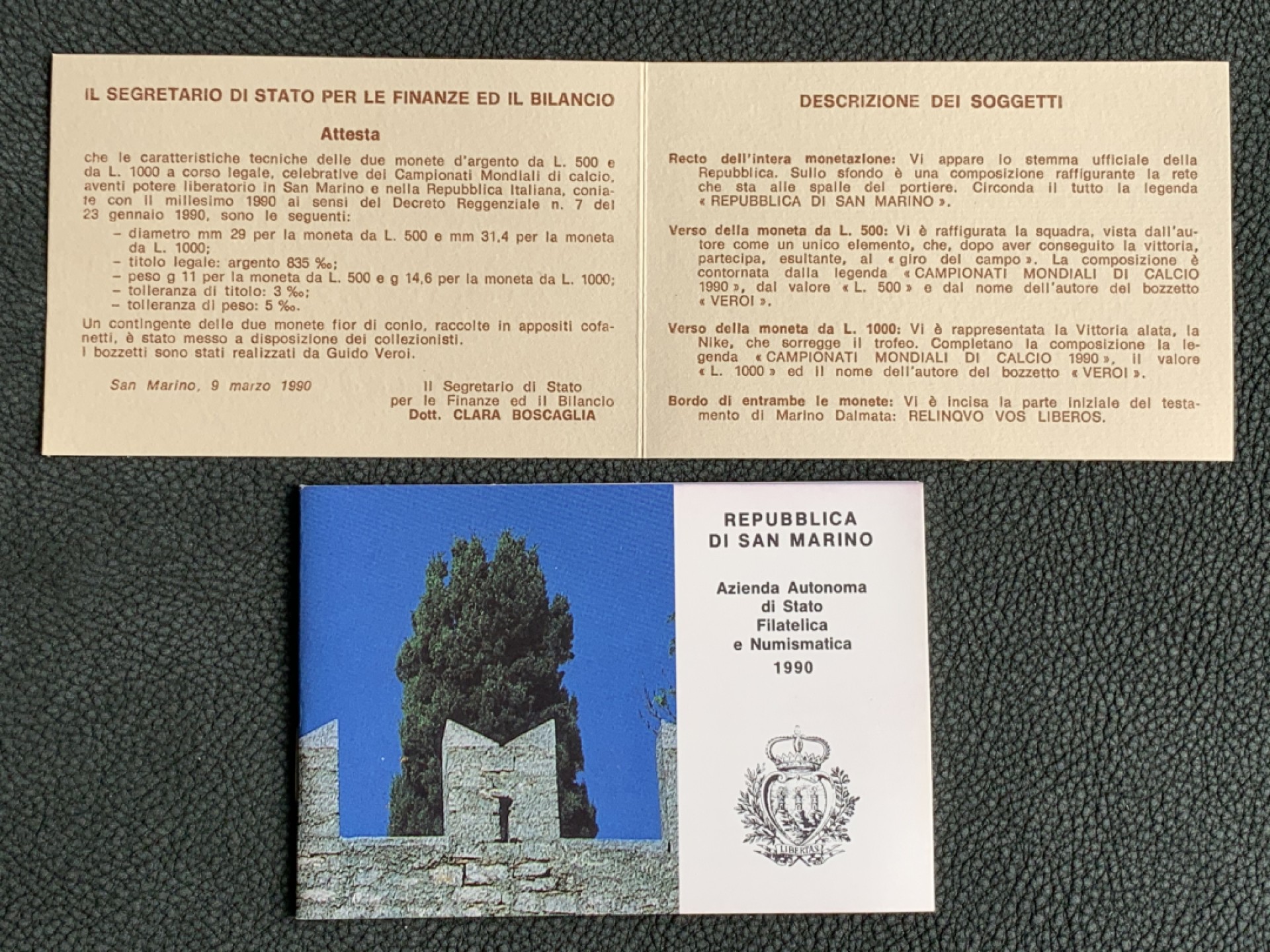 《竞宝斋》第140场-周日，周一，周四 3拍 (全场包邮) 圣马力诺1990年 大力神杯 500/1000里拉银币 原盒证书