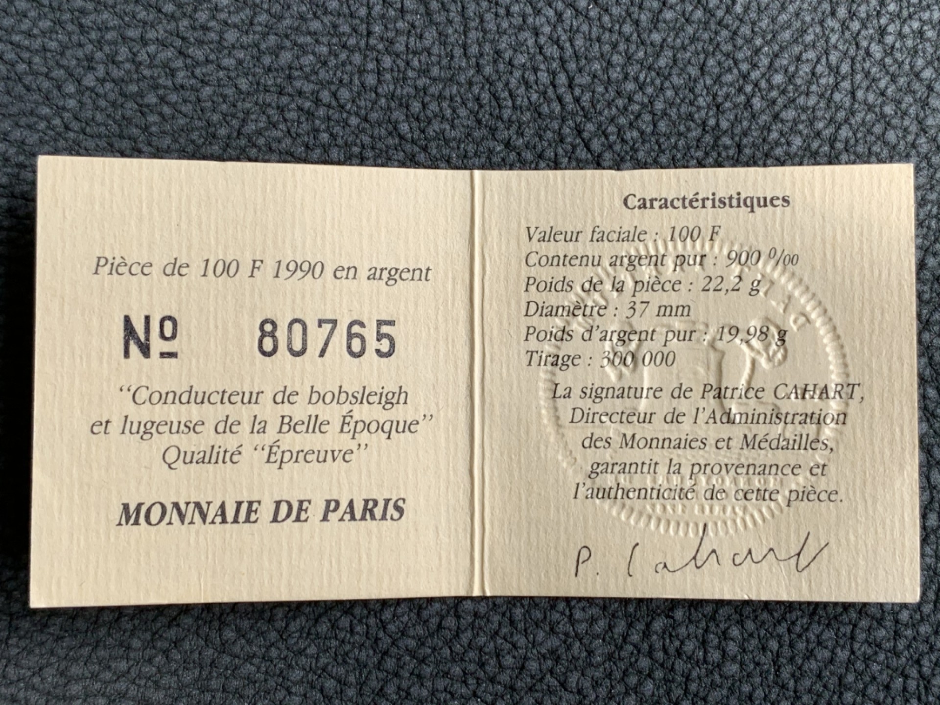 《竞宝斋》第140场-周日，周一，周四 3拍 (全场包邮) 法国 1990年 冬奥100法郎 精制大银币  原盒证书