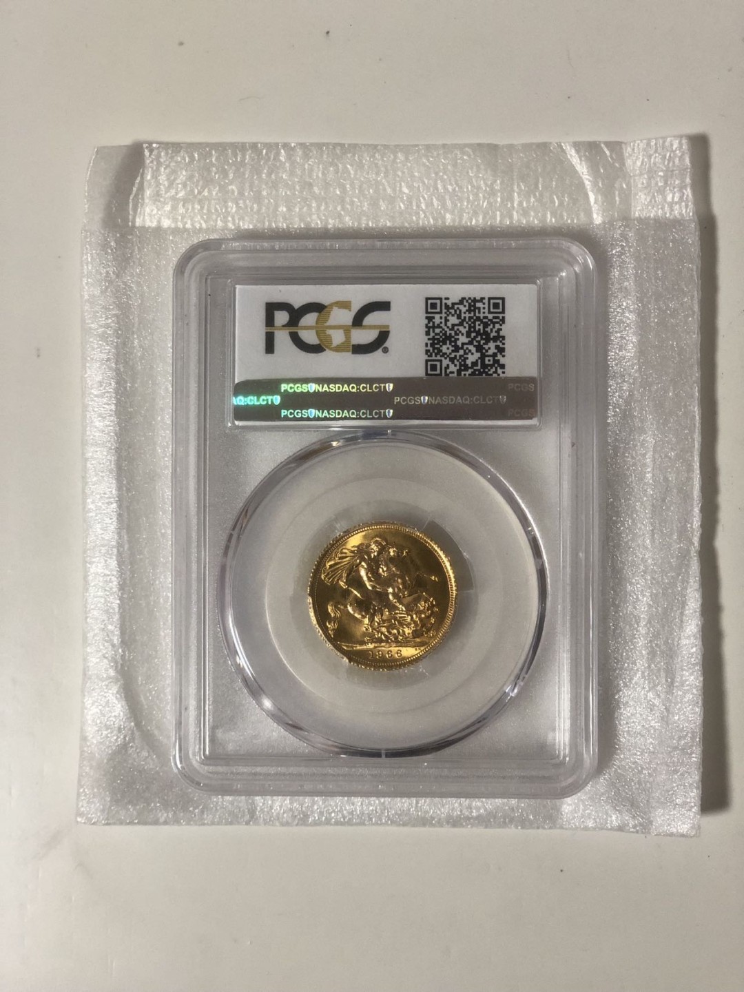 收藏联盟Quantum Auction 第237期拍卖 英国 1966年 早期伊丽莎白二世女王乔治屠龙马剑索维林8克金币 sov pcgs63