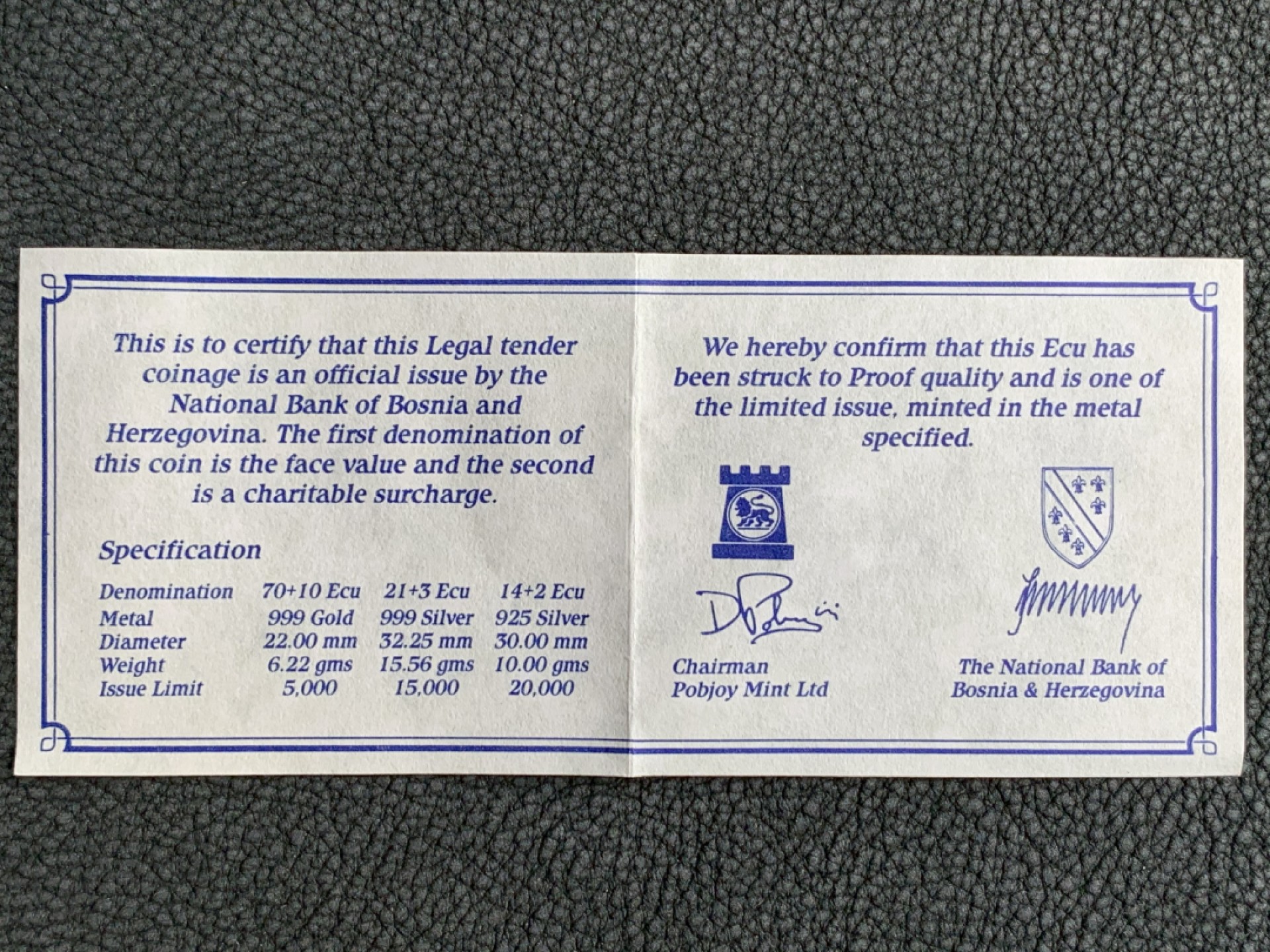 《竞宝斋》第140场-周日，周一，周四 3拍 (全场包邮) 波黑1993年 21ECU 精制银币 红盒子 证书