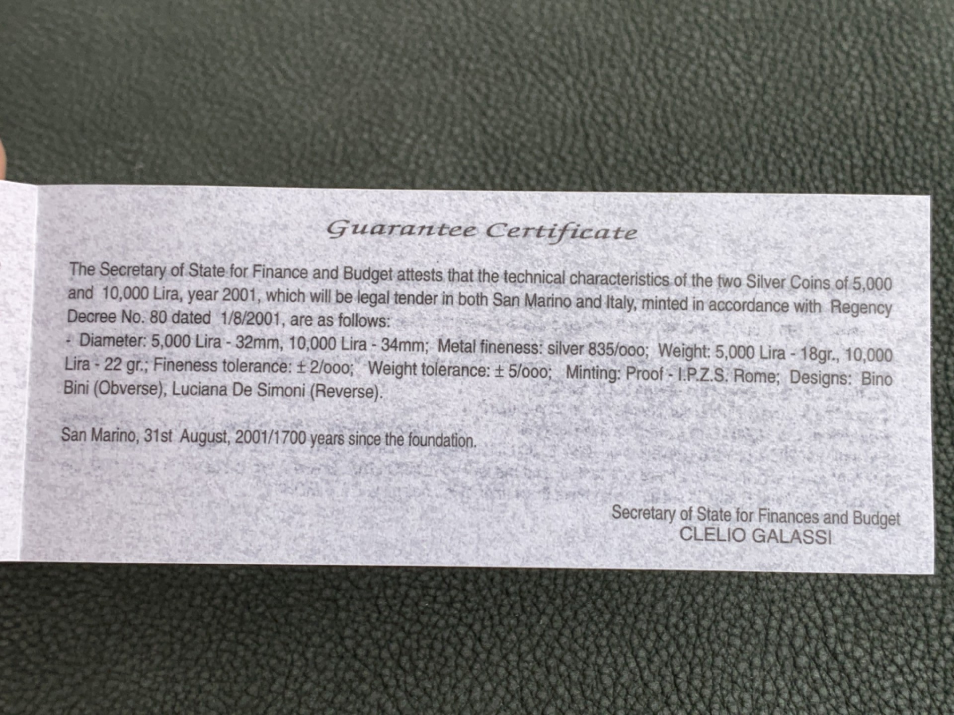 《竞宝斋》第140场-周日，周一，周四 3拍 (全场包邮) 圣马力诺2001年 告别里拉货币系列 5000/10000里拉 精制银币 原盒证书