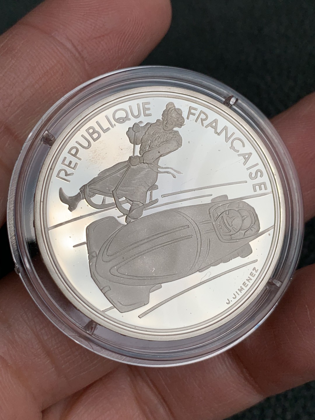 《竞宝斋》第140场-周日，周一，周四 3拍 (全场包邮) 法国 1990年 冬奥100法郎 精制大银币  原盒证书