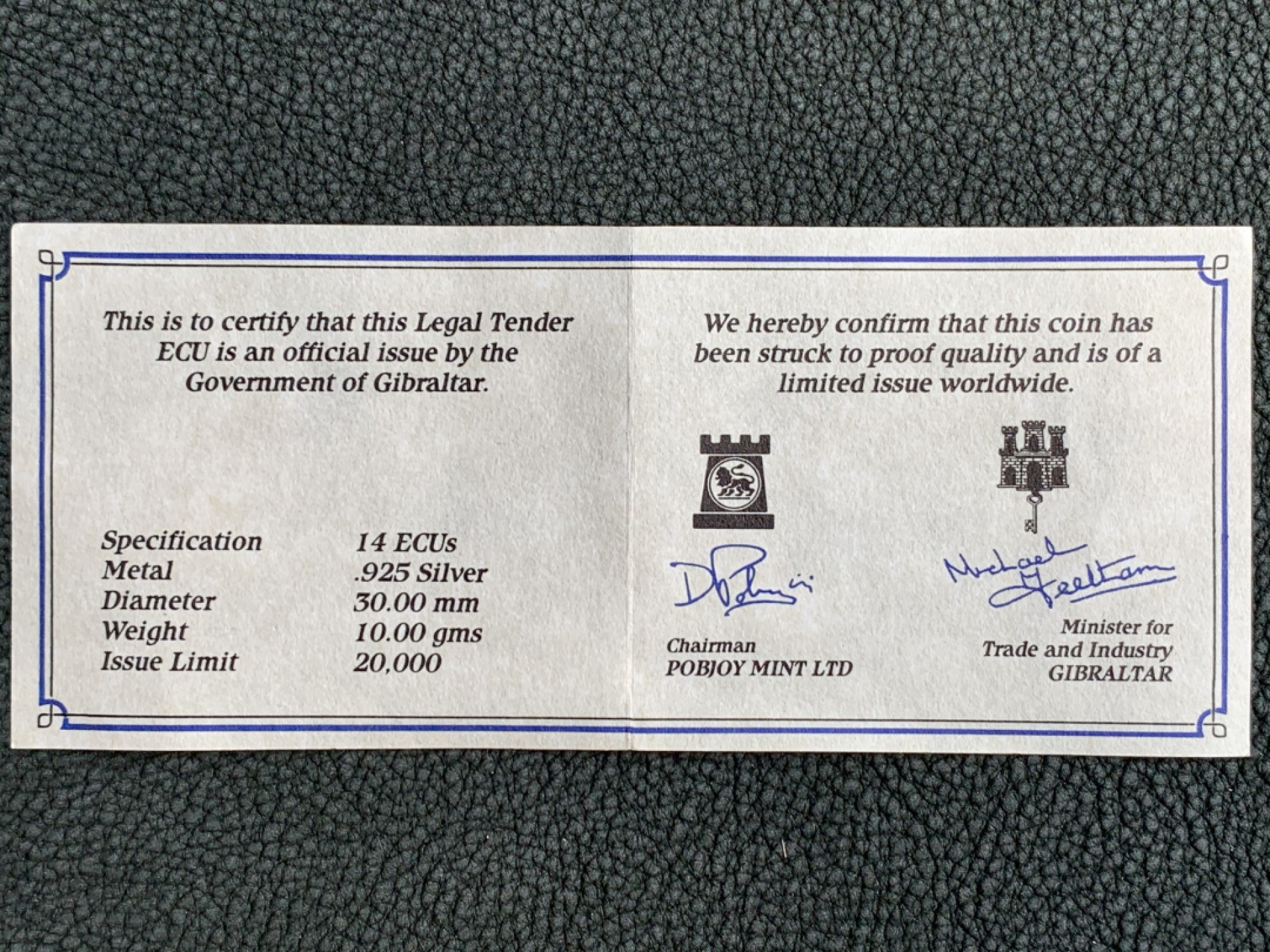 《竞宝斋》第140场-周日，周一，周四 3拍 (全场包邮) 直布罗陀1992年 骑士 14ECUS/10镑银币 红盒子证书