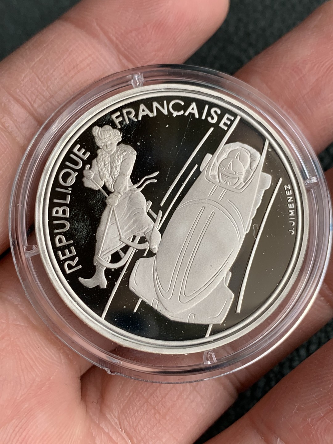 《竞宝斋》第140场-周日，周一，周四 3拍 (全场包邮) 法国 1990年 冬奥100法郎 精制大银币  原盒证书