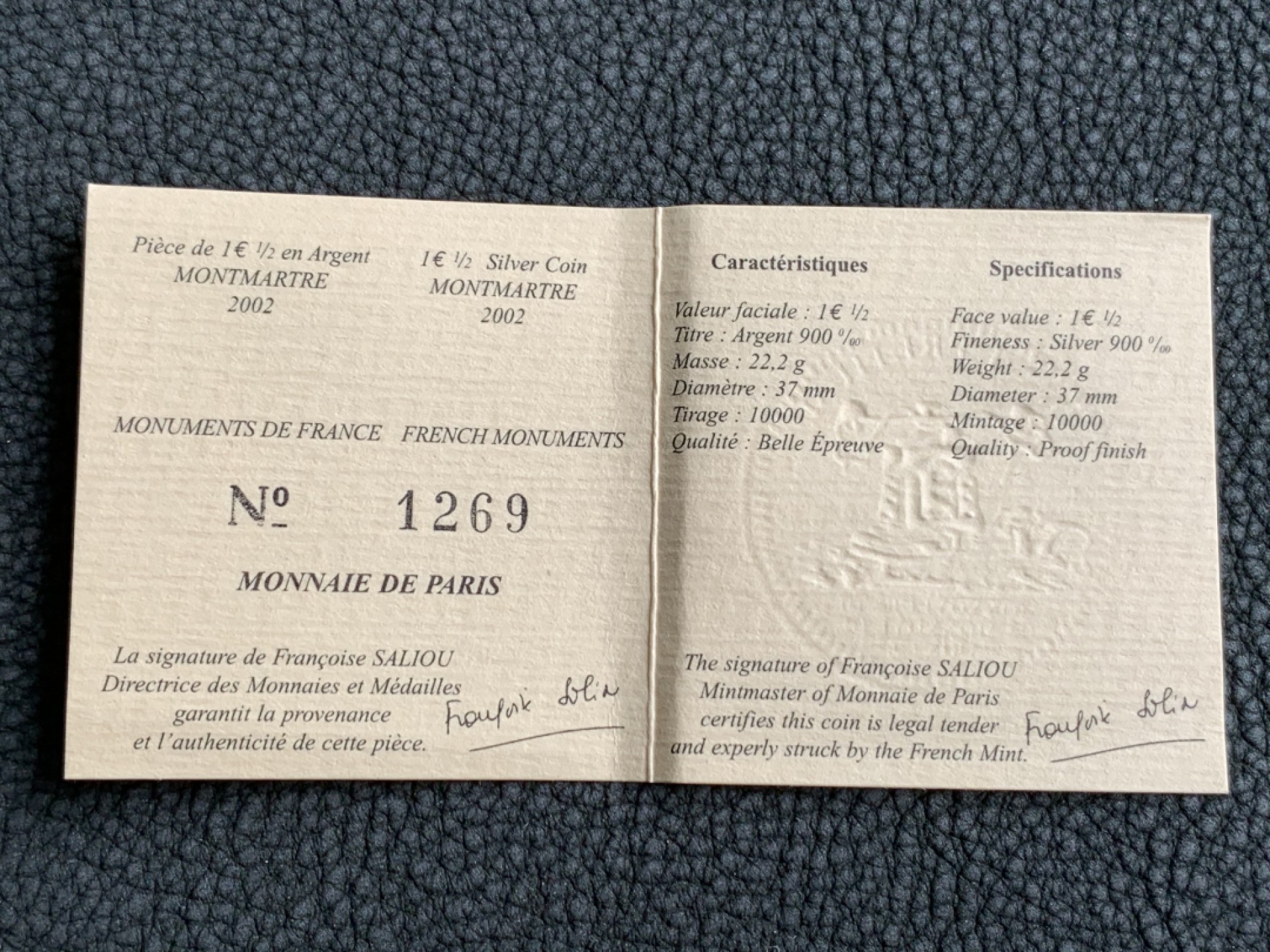 《竞宝斋》第140场-周日，周一，周四 3拍 (全场包邮) 法国2002年 蒙马特 1 1/2欧元精制大银币 PROOF 原盒证书