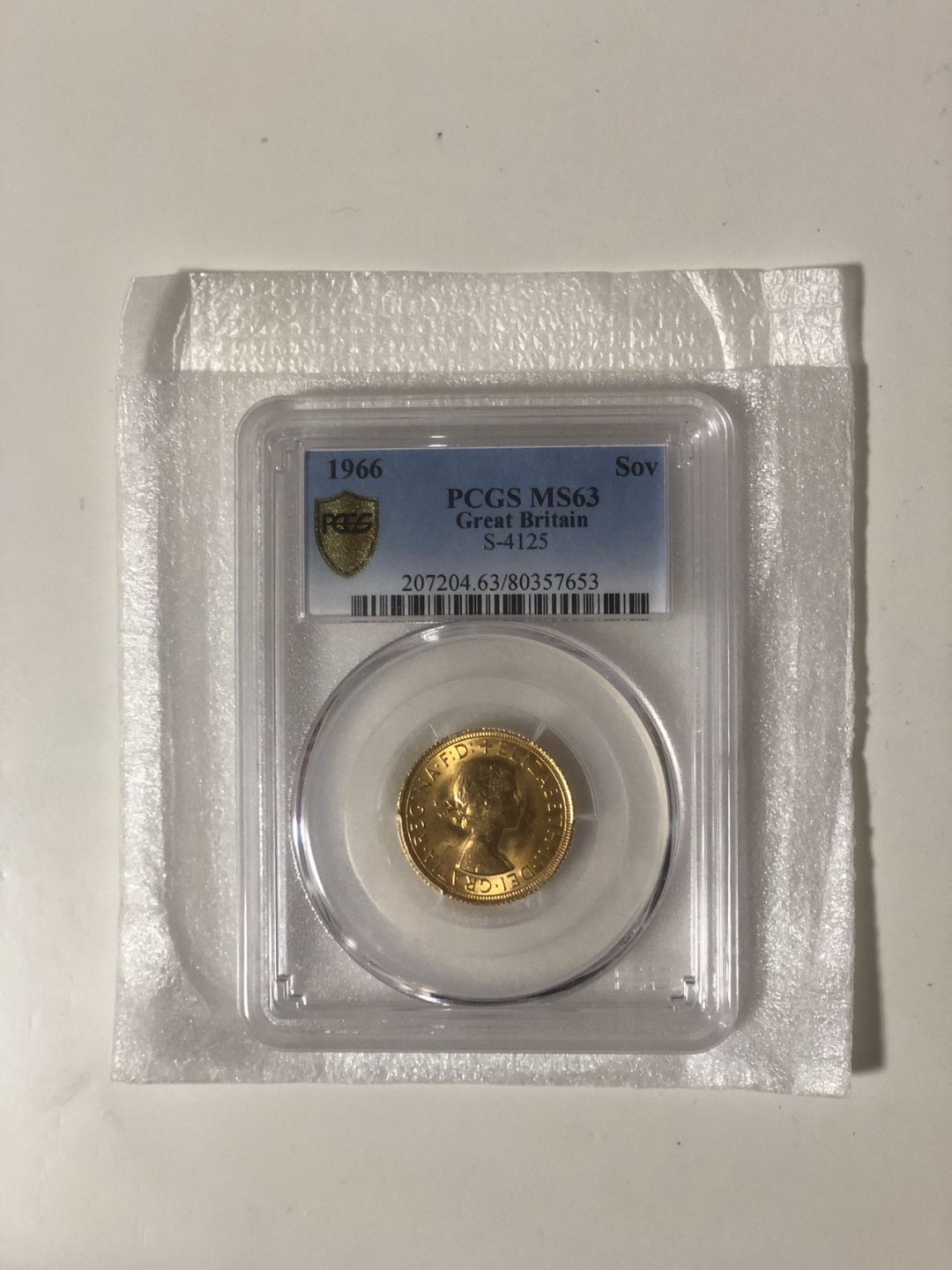 收藏联盟Quantum Auction 第237期拍卖 英国 1966年 早期伊丽莎白二世女王乔治屠龙马剑索维林8克金币 sov pcgs63