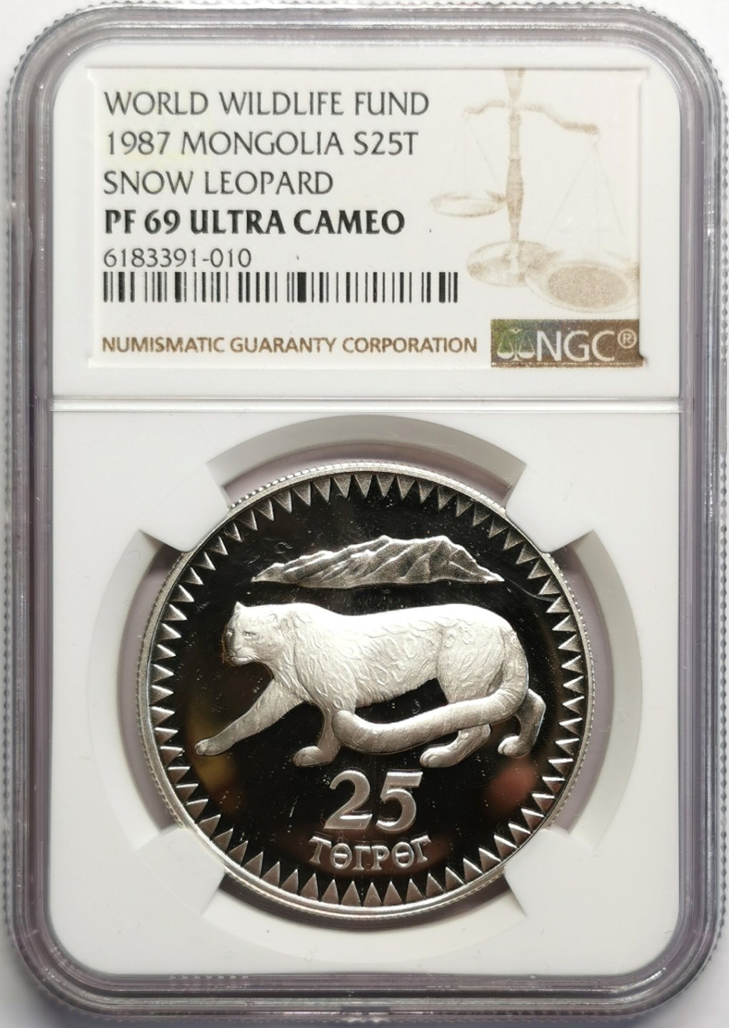 凡希社世界钱币微拍第二百三十期 1987蒙古WWF雪豹25T大银NGC-PF69UC