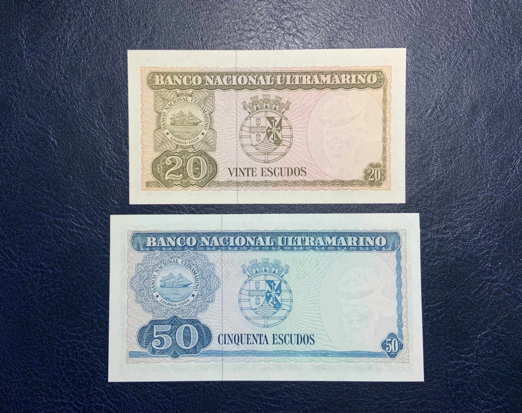 收藏联盟Quantum Auction 第237期拍卖 东帝汶1967年20，50埃斯库多 品相UNC 票面无明显黄斑，20紫光灯下轻微潮点，50一角微折