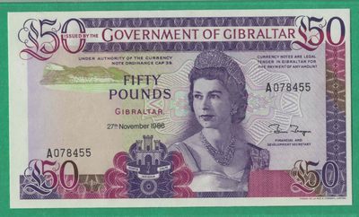 直布罗陀50镑 1986年 A冠 P-24 55双尾 欧洲纸币 实物如图 UNC