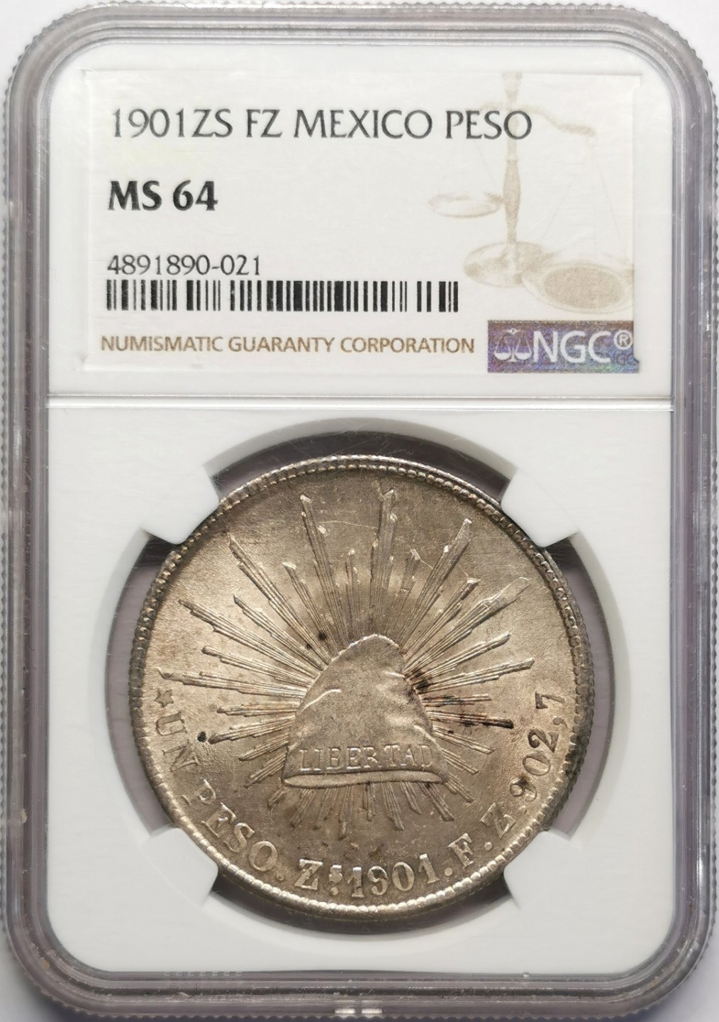 凡希社世界钱币微拍第二百三十期 1901ZS墨西哥直边鹰洋NGC-MS64黄光淡彩！