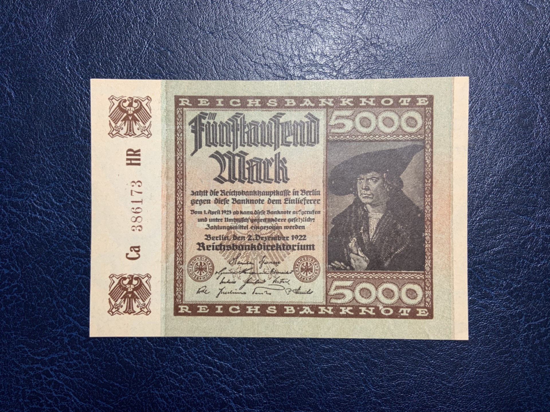 收藏联盟Quantum Auction 第237期拍卖 德国1922年5000马克 品相UNC 票面有点钞痕  百年老钞