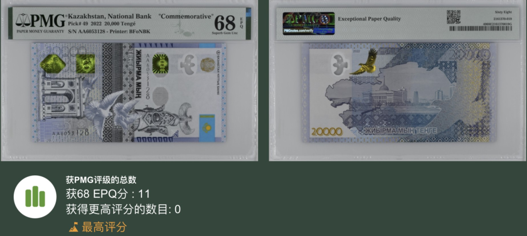 《张总收藏》92期——外币精品大会100拍 哈萨克斯坦20000坚戈 PMG68E 2022年纪念钞 AA冠无47