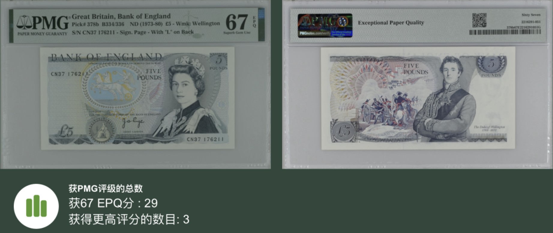 《张总收藏》92期——外币精品大会100拍 英格兰5镑 PMG67E D序列 签名J. B. Page. P-378b 亚军分 无4