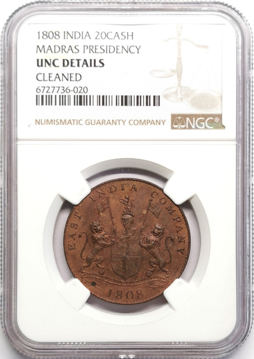 凡希社世界钱币微拍第二百三十期 1808印度马德拉斯辖区20Cash NGC-UNCD