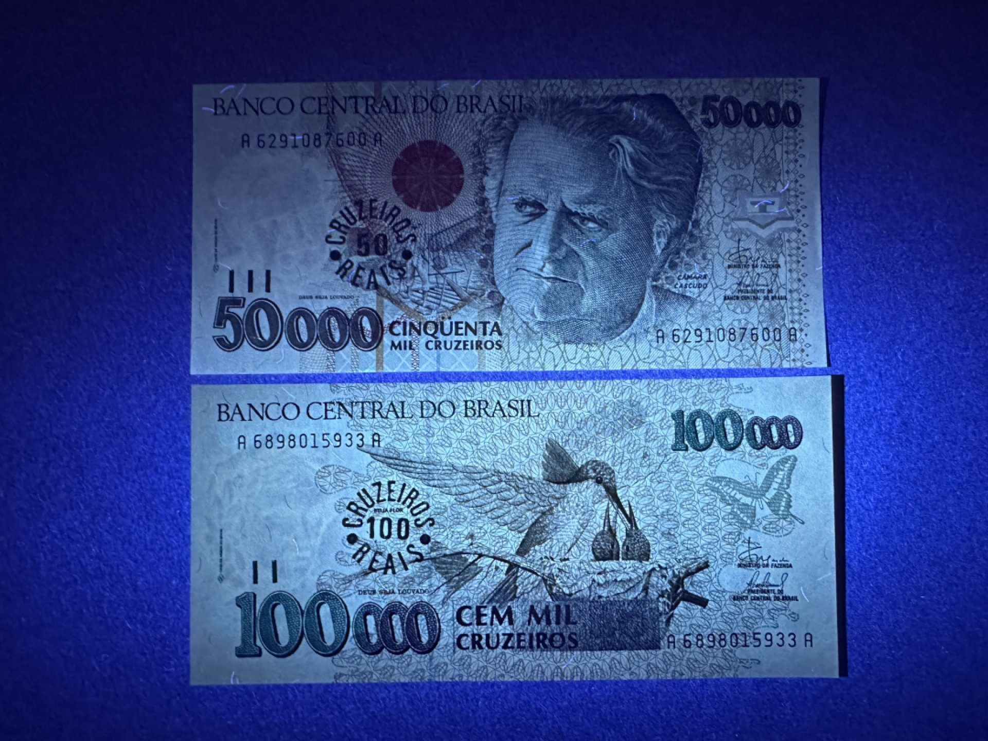 《张总收藏》92期——外币精品大会100拍 巴西50、100元2张 UNC 1993年加盖改值版