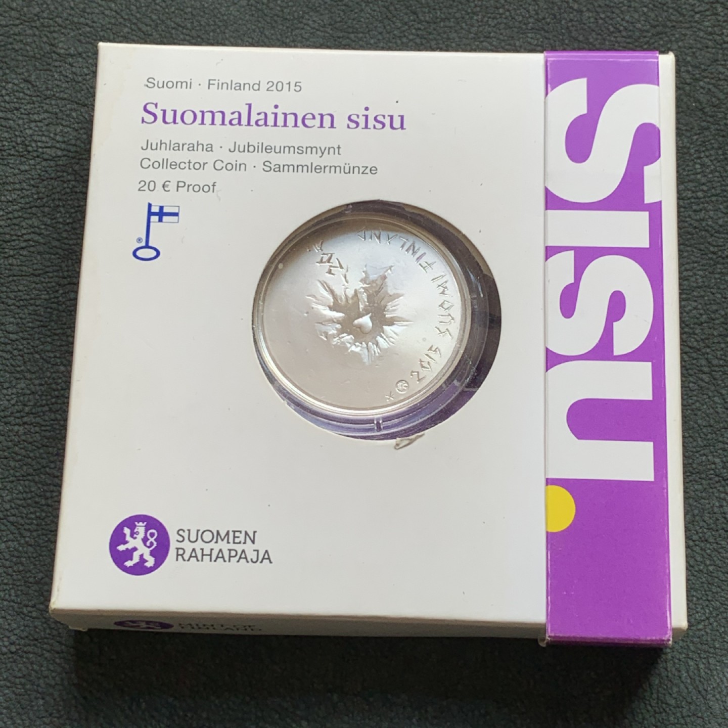 《竞宝斋》第140场-周日，周一，周四 3拍 (全场包邮) 芬兰2015年芬兰人的美德20欧纪念银币（原盒）  设计独特，稀少5000发行量 25.5克 925银