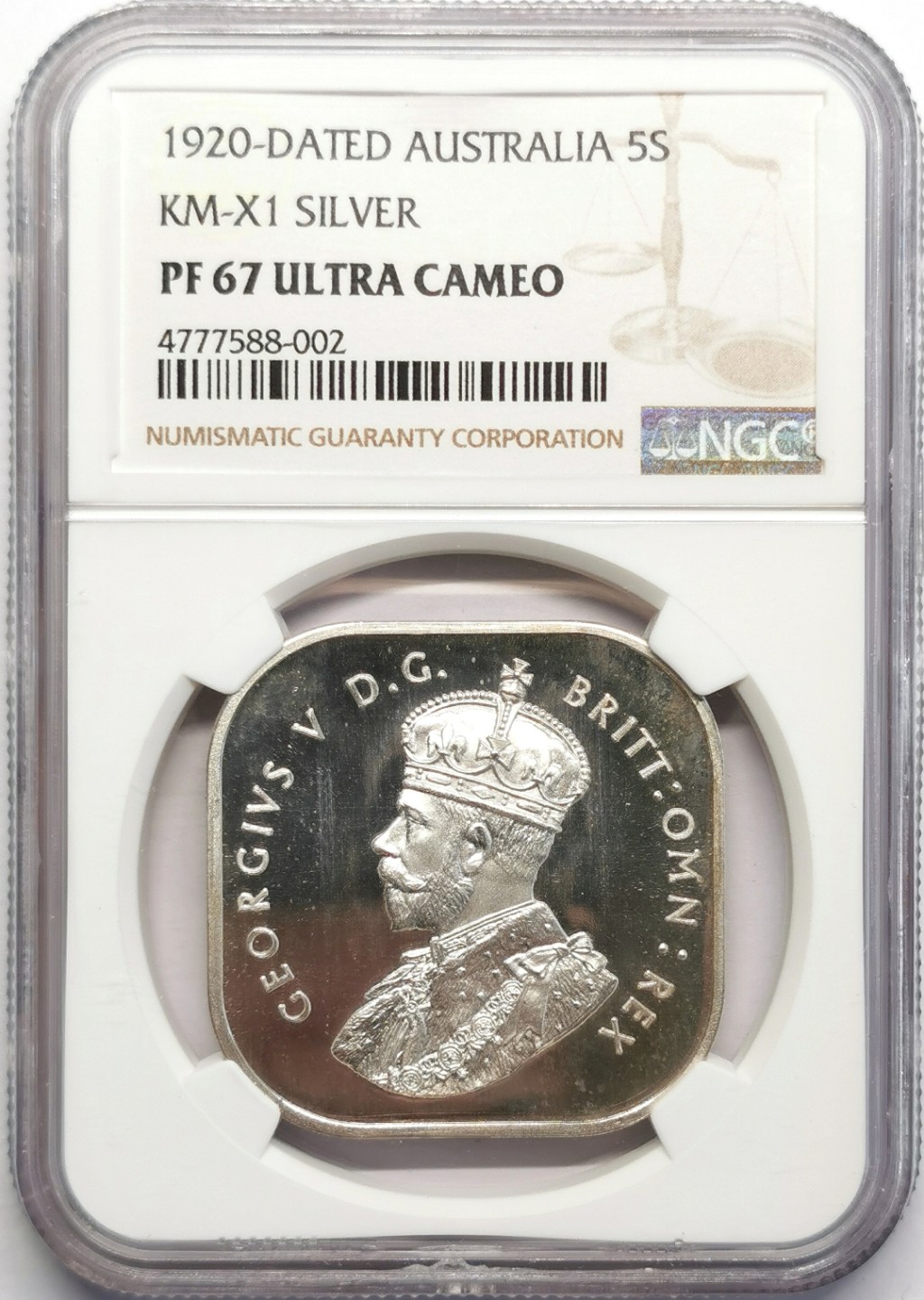 凡希社世界钱币微拍第二百三十期 1920澳大利亚乔五5先令方银精铸NGC-PF67UC