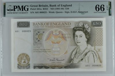 《张总收藏》92期——外币精品大会100拍 - 英国D序列1981年初版50镑A01冠PMG66E百位623号