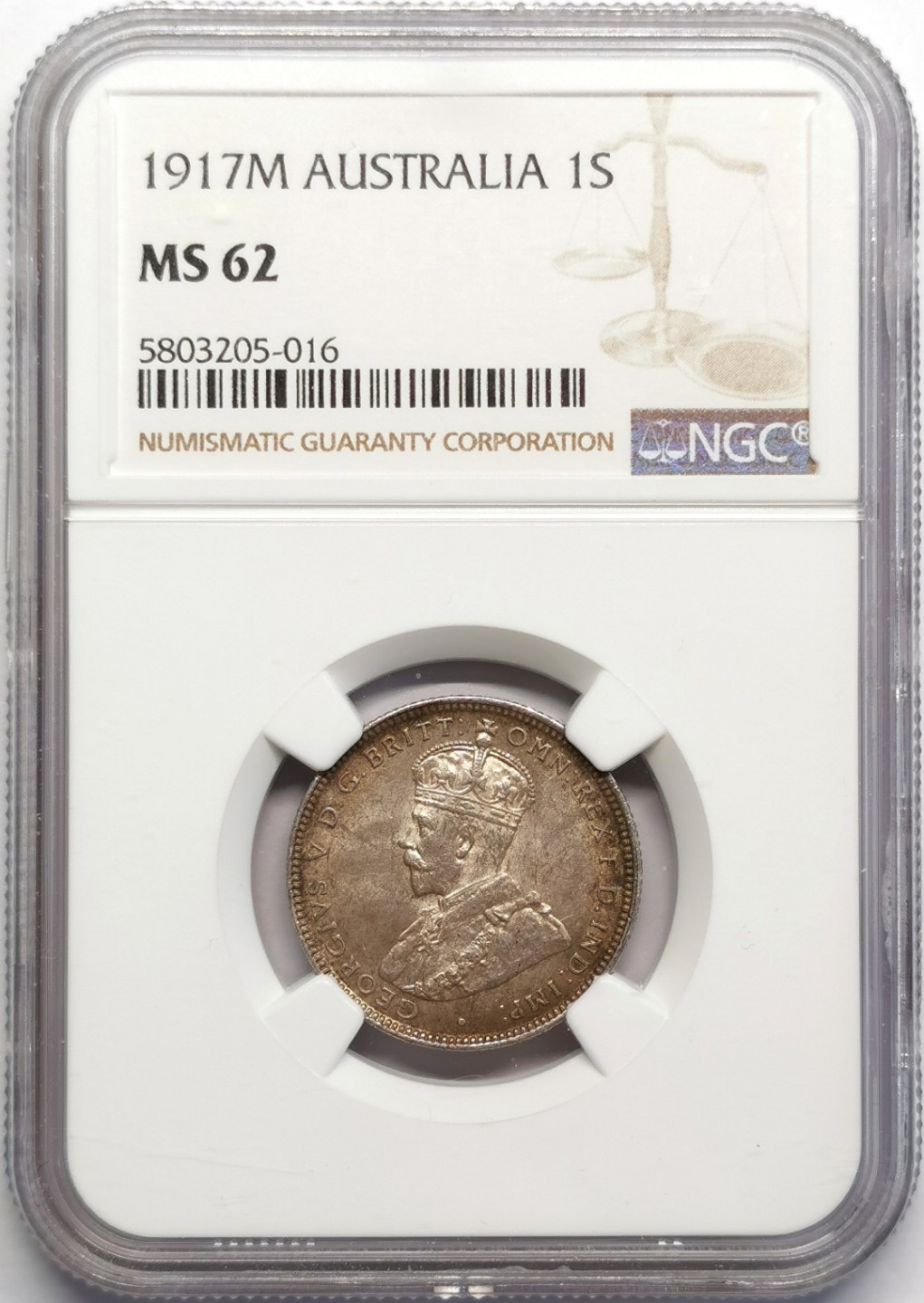 凡希社世界钱币微拍第二百三十期 1917M澳大利亚乔五先令NGC-MS62墨尔本厂！