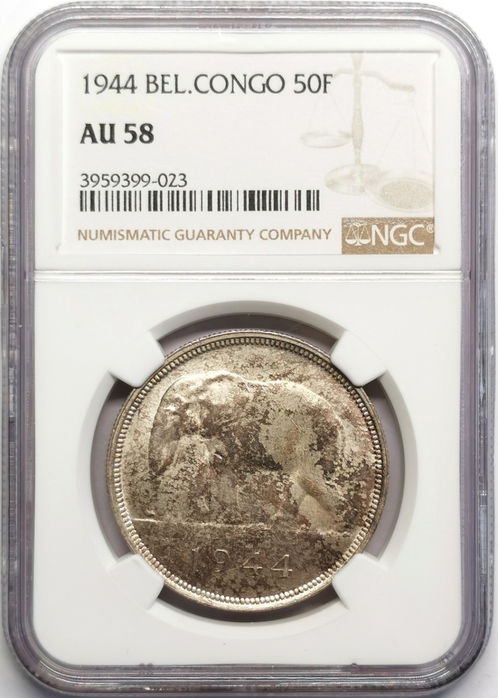 凡希社世界钱币微拍第二百三十期 1944比属刚果大象50法郎NGC-AU58