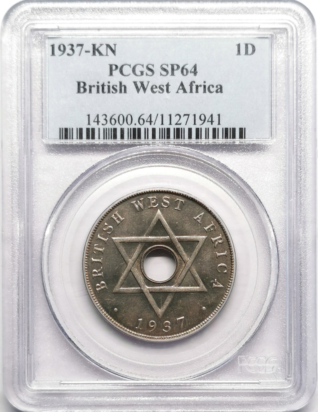 凡希社世界钱币微拍第二百三十期 1937KN英属西非中孔便士PCGS-SP64