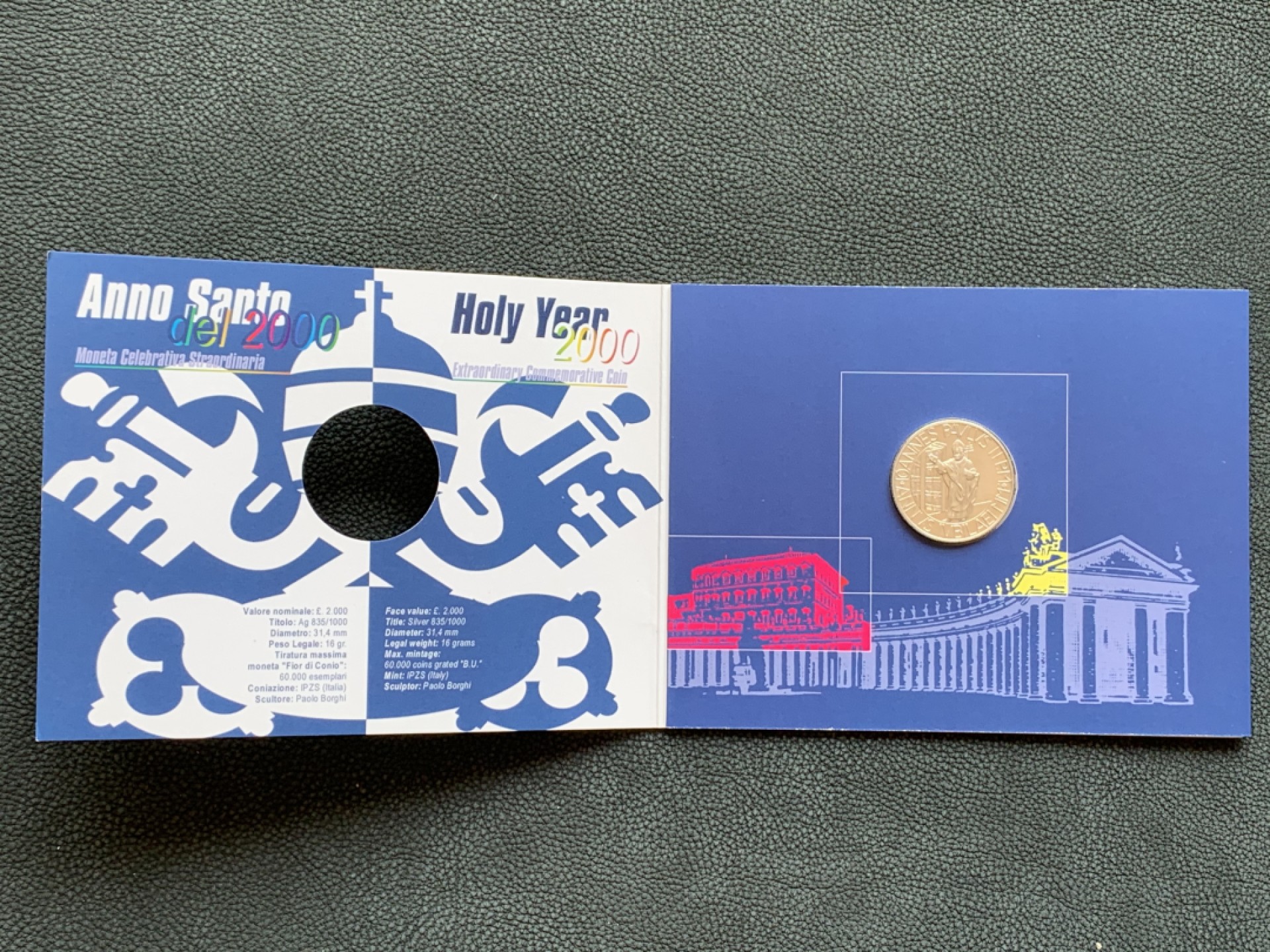 《竞宝斋》第140场-周日，周一，周四 3拍 (全场包邮) 梵蒂冈 2000年 跨世纪 2000里拉 银币 正面为打开圣门 背面代表三位一体