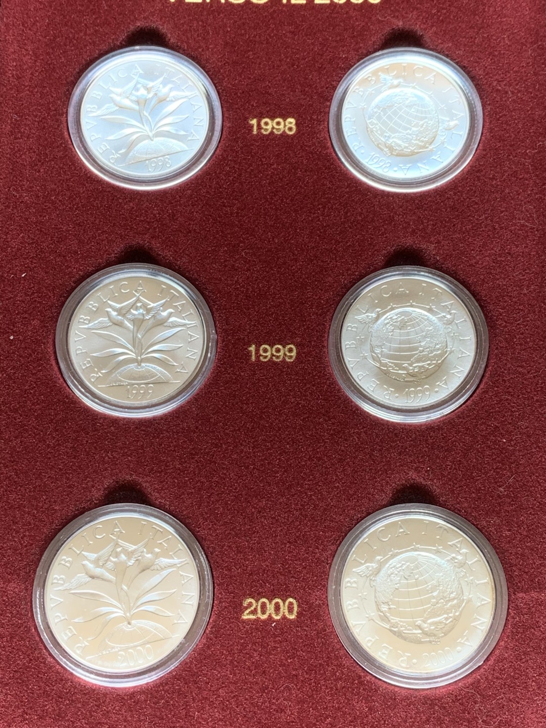 《竞宝斋》第140场-周日，周一，周四 3拍 (全场包邮) 原盒证书 意大利1998-2000年 千禧年六枚装 2000/5000/10000里拉 银币 完美品