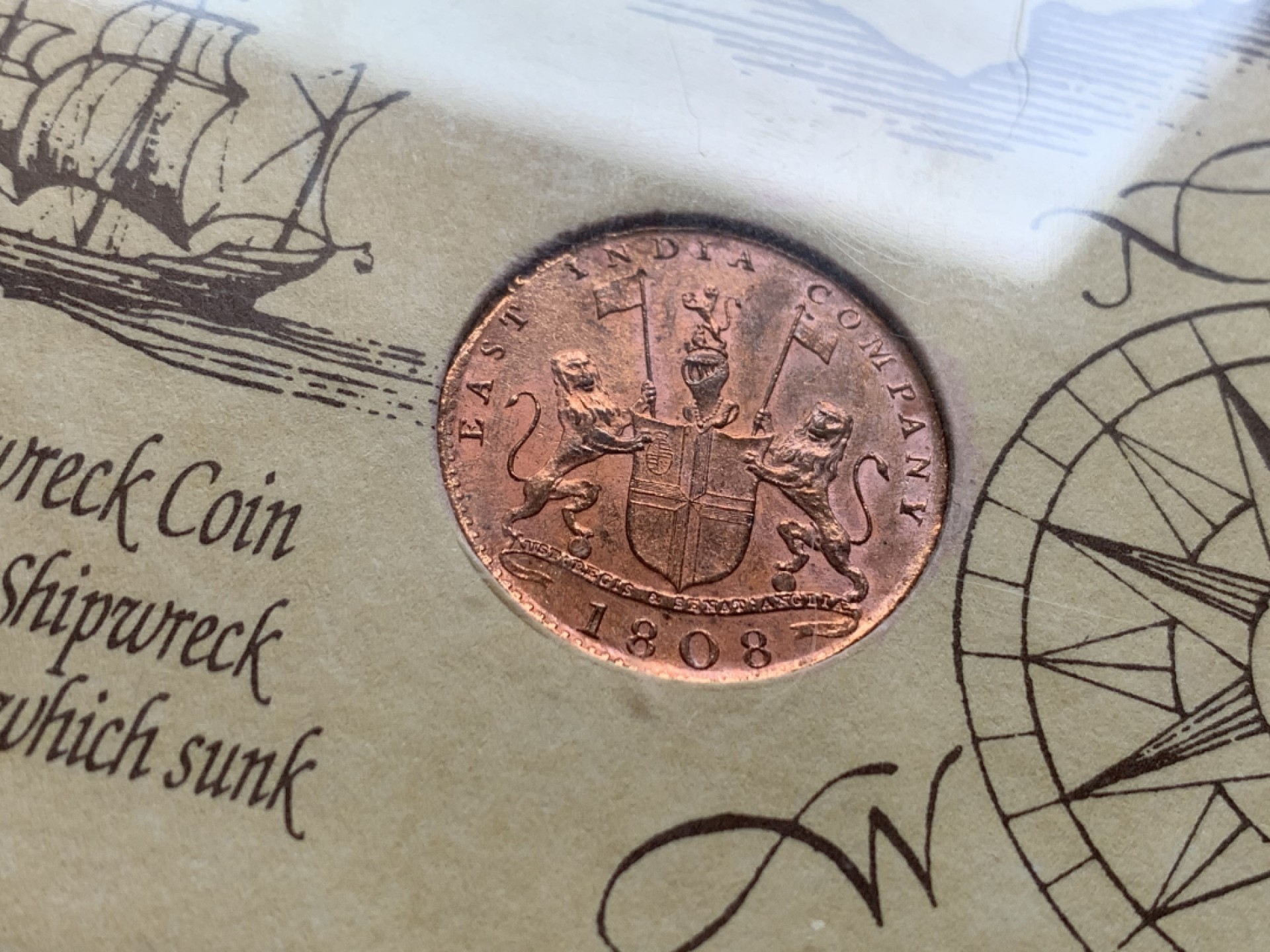 《竞宝斋》第140场-周日，周一，周四 3拍 (全场包邮) 东印度公司 1808年 10cash 铜币 （在1994年包装后发行的密封盒）