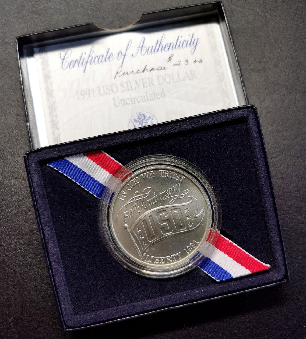 凡希社世界钱币微拍第二百三十期 1991美国USO纪念银币原装盒证