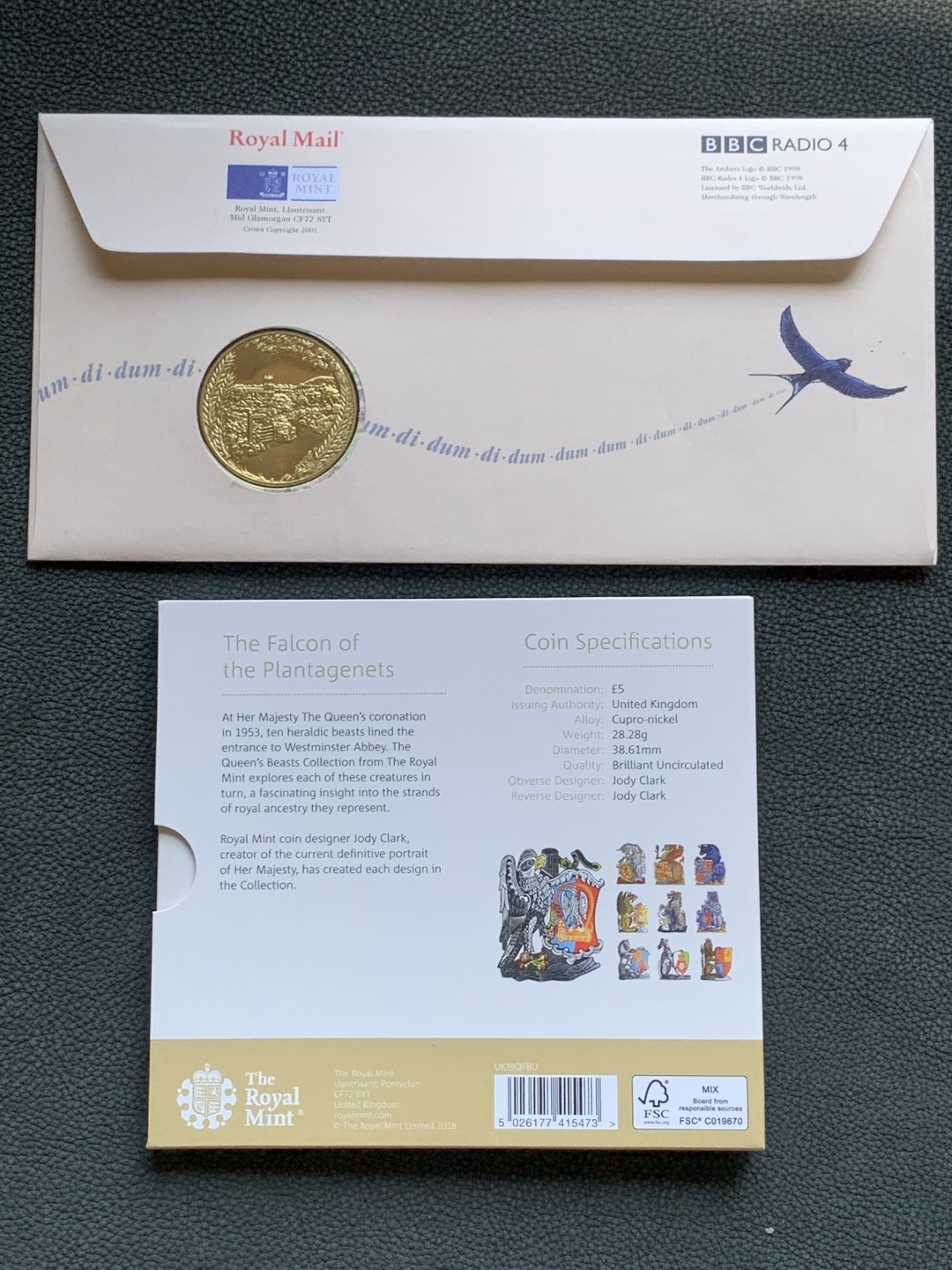 《竞宝斋》第140场-周日，周一，周四 3拍 (全场包邮) 英国2001年 英国皇家铸币局纪念封+英国2019年 英国5镑克朗型纪念币 威斯敏斯特十野兽之一（金雀花王朝的猎鹰）