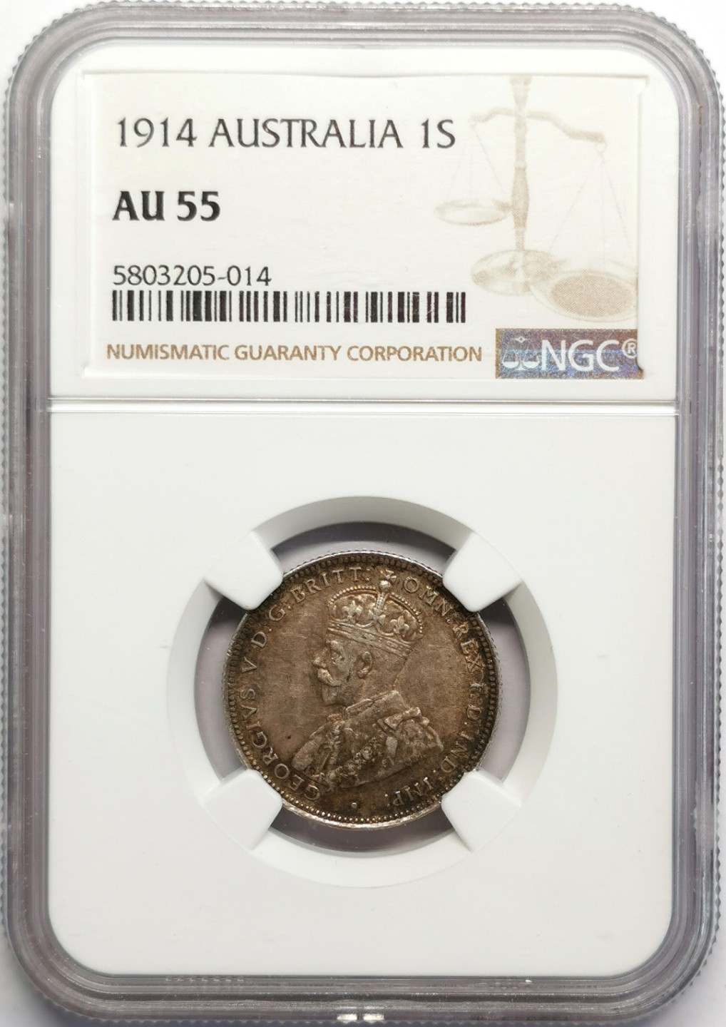 凡希社世界钱币微拍第二百三十期 1914澳大利亚乔五先令NGC-AU55