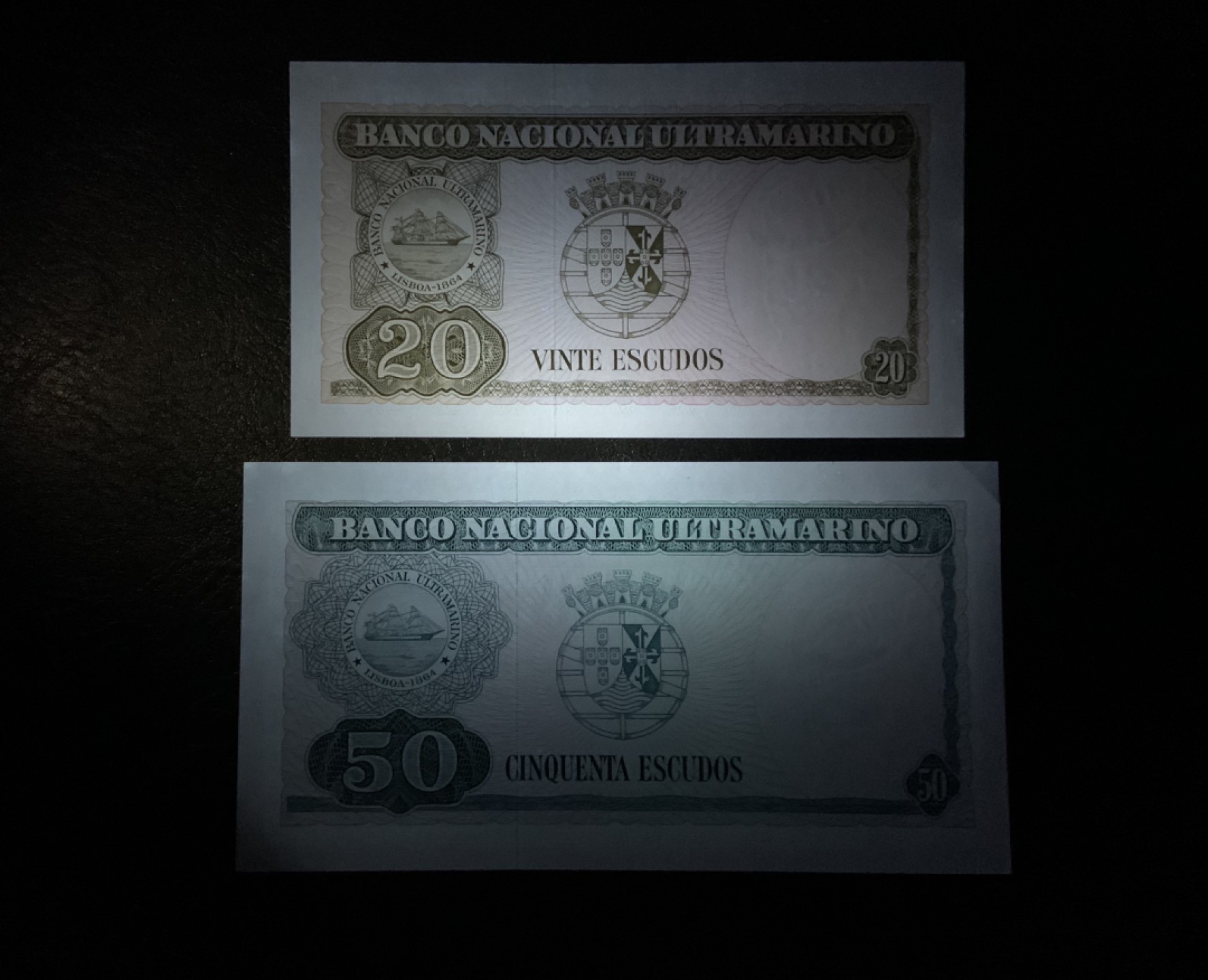 收藏联盟Quantum Auction 第237期拍卖 东帝汶1967年20，50埃斯库多 品相UNC 票面无明显黄斑，20紫光灯下轻微潮点，50一角微折