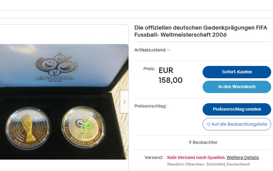 《竞宝斋》第140场-周日，周一，周四 3拍 (全场包邮) 德国2006年 世界杯彩色银章 带原盒 925银 25克