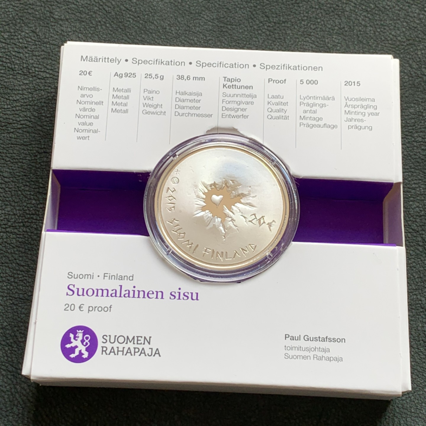 《竞宝斋》第140场-周日，周一，周四 3拍 (全场包邮) 芬兰2015年芬兰人的美德20欧纪念银币（原盒）  设计独特，稀少5000发行量 25.5克 925银